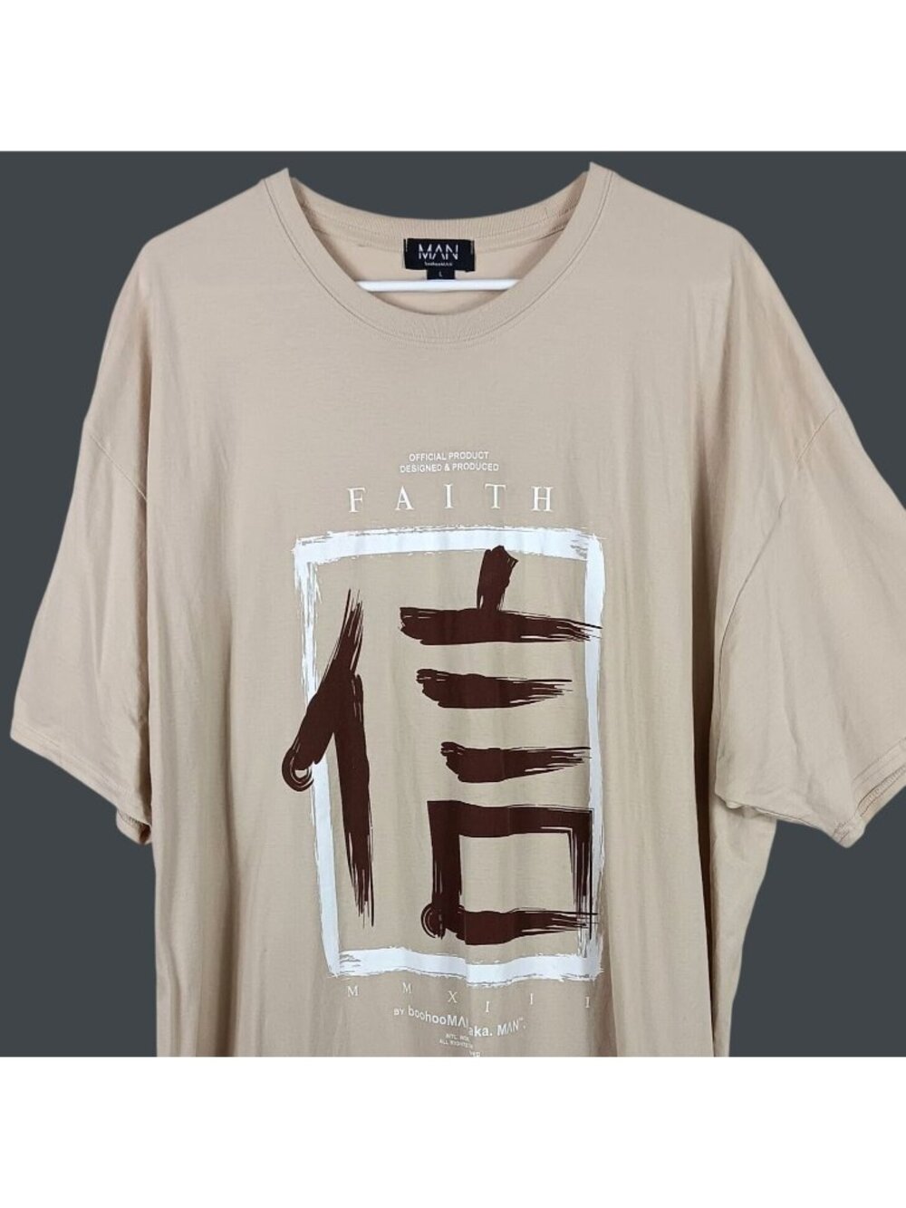 BoohooMAN Faith Japanese Graphic T Shirt Mens L Beige Oversized Streetwear Urban